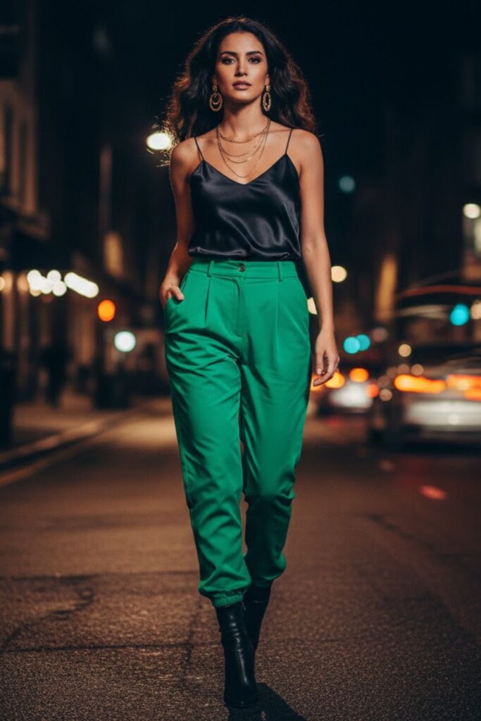 15. Green Parachute Pants with a Satin Cami
