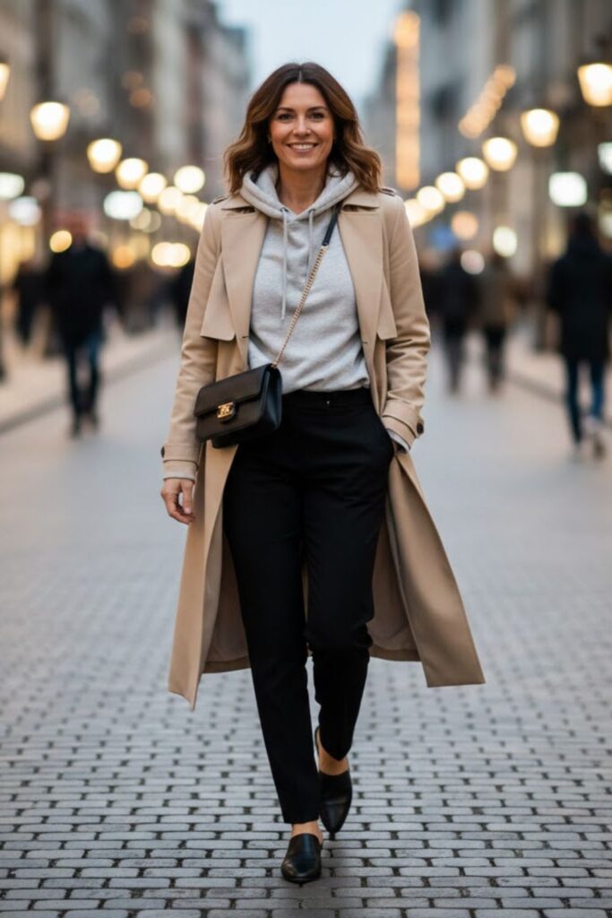 15. Grey Hoodie with Trench Coat and Tailored Pants