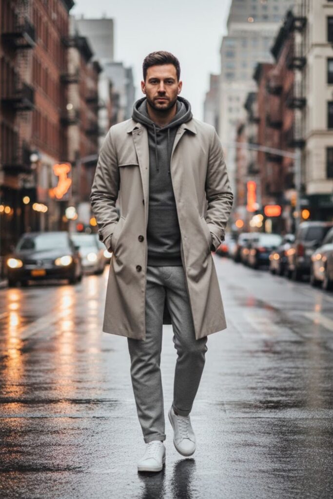15. Grey Sweatpants with Trench Coat and Hoodie