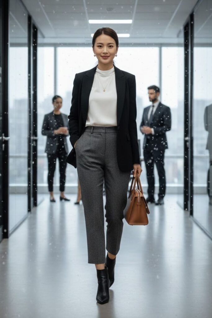 15. High-Neck Blouse and Cropped Trousers