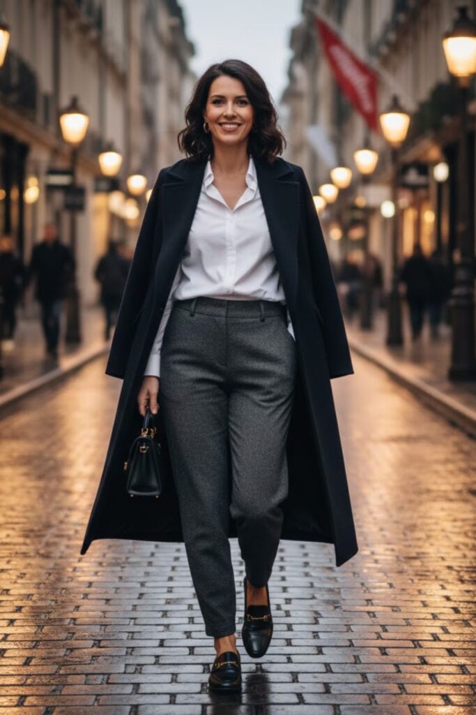 15. Joggers with Button-Up Shirt and Structured Coat