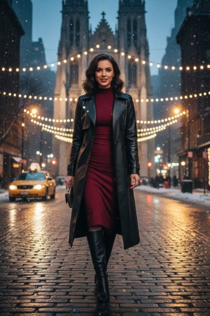 15. Leather Trench Coat with Dress and Boots