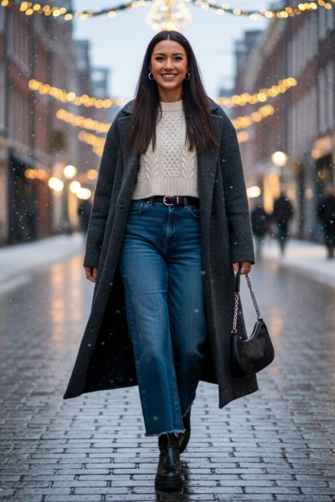 15. Long Coat with Wide-Leg Jeans