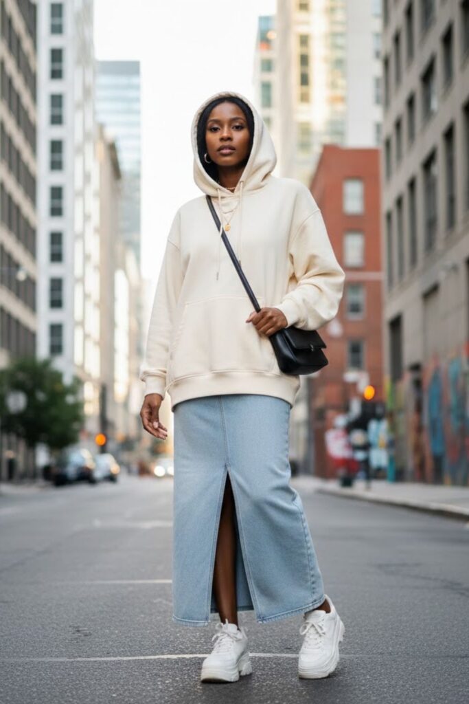 15. Long Denim Skirt with Hoodie and Chunky Sneakers