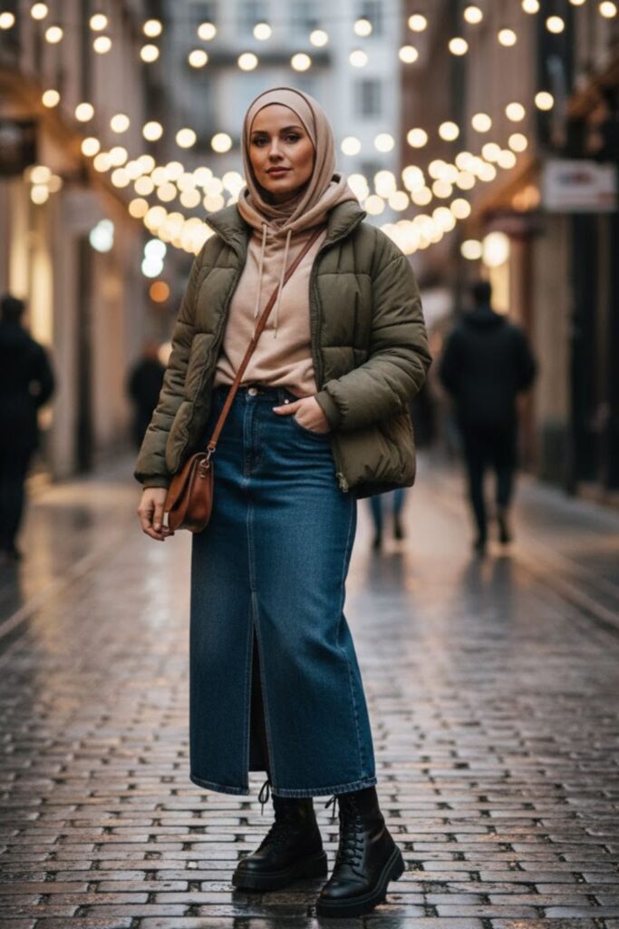 15. Long Denim Skirt with a Cozy Hoodie and Puffer Jacket