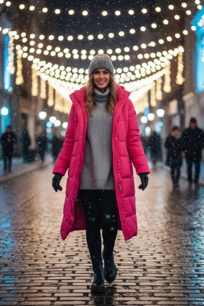 15. Longline Pink Puffer with Leggings and Combat Boots