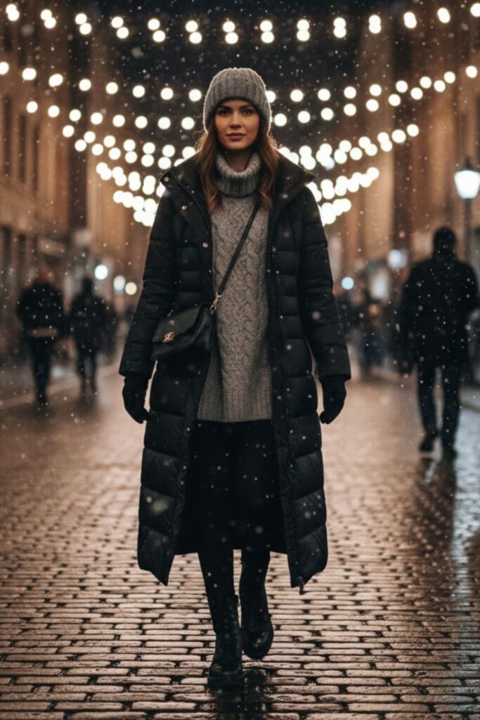 15. Longline Puffer with Leggings and Combat Boots