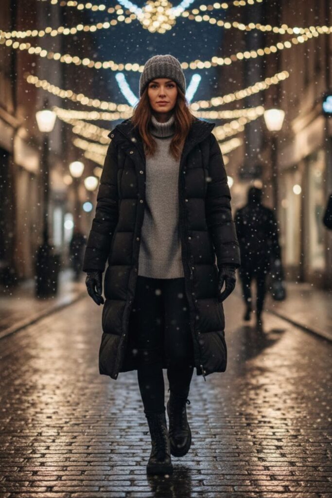 15. Longline Puffer with Leggings and Combat Boots