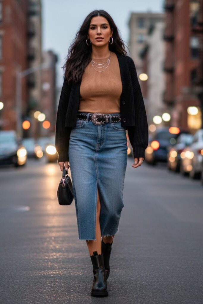 15. Midi Denim Skirt with a Statement Leather Belt
