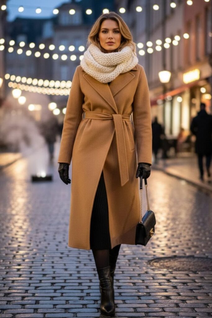 15. Midi Wrap Coat with Knit Dress