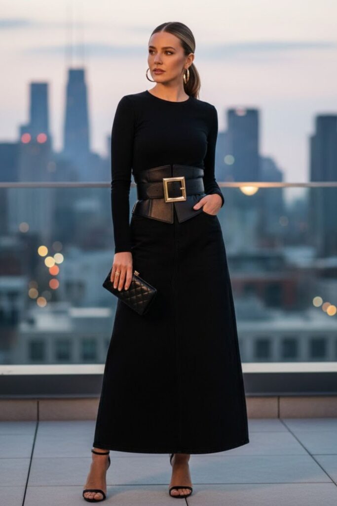 15. Modern Chic with a Statement Belt and Heels