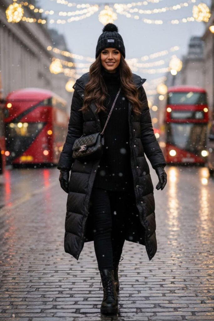 15. Monochrome Puffer with Leggings and Combat Boots