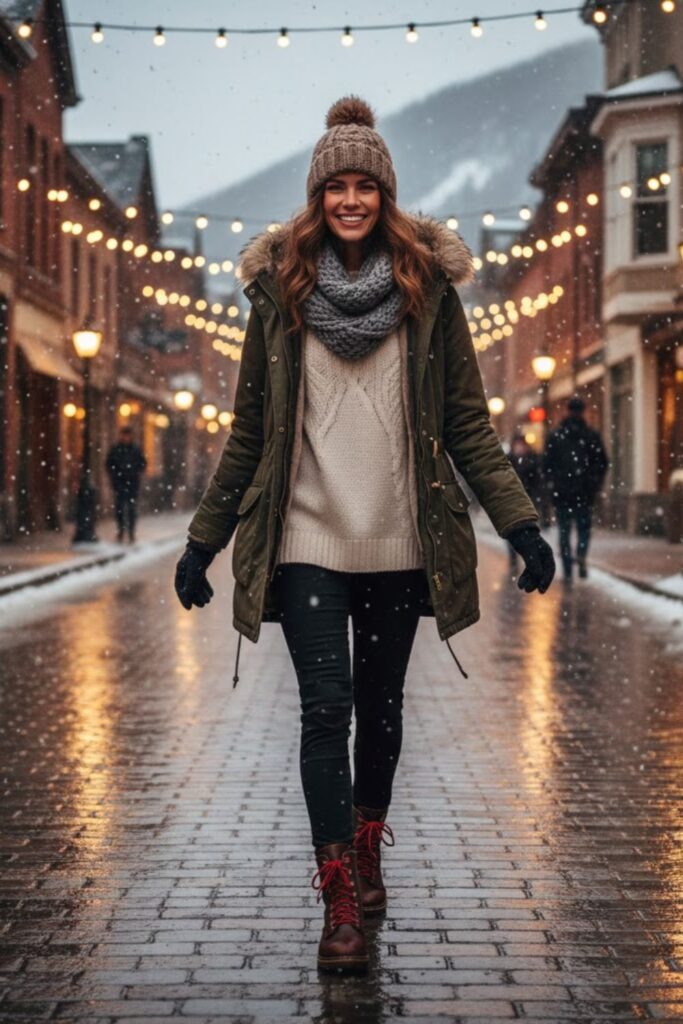 15. Parka Jacket with Thermal Leggings and Boots