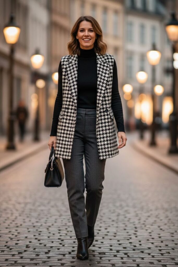 15. Patterned Waistcoat with Knit Top and Trousers