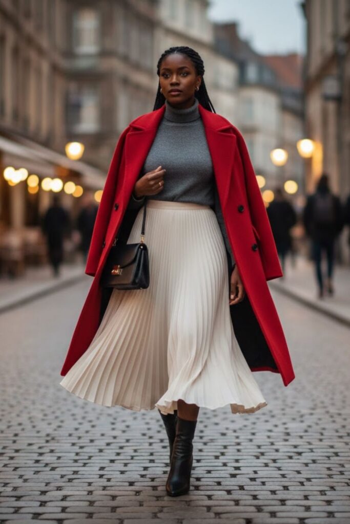 15. Pleated Skirt with Turtleneck and Statement Coat