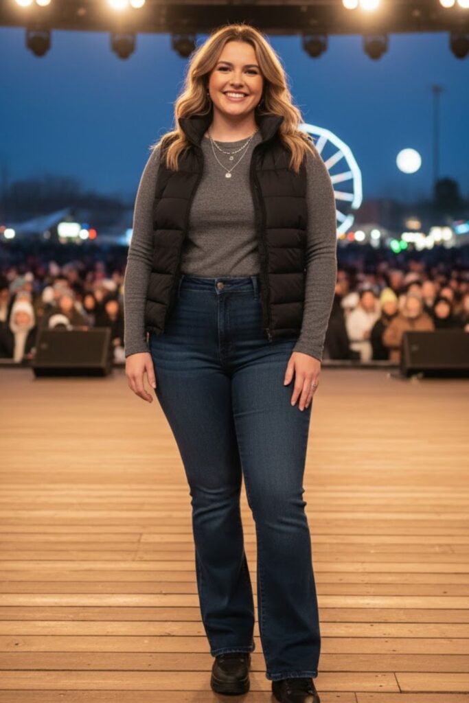 15. Puffer Vest + Thermal Base + Flared Pants