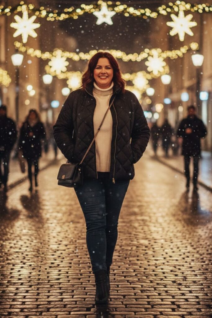 15. Quilted Jacket with Turtleneck and Skinny Jeans