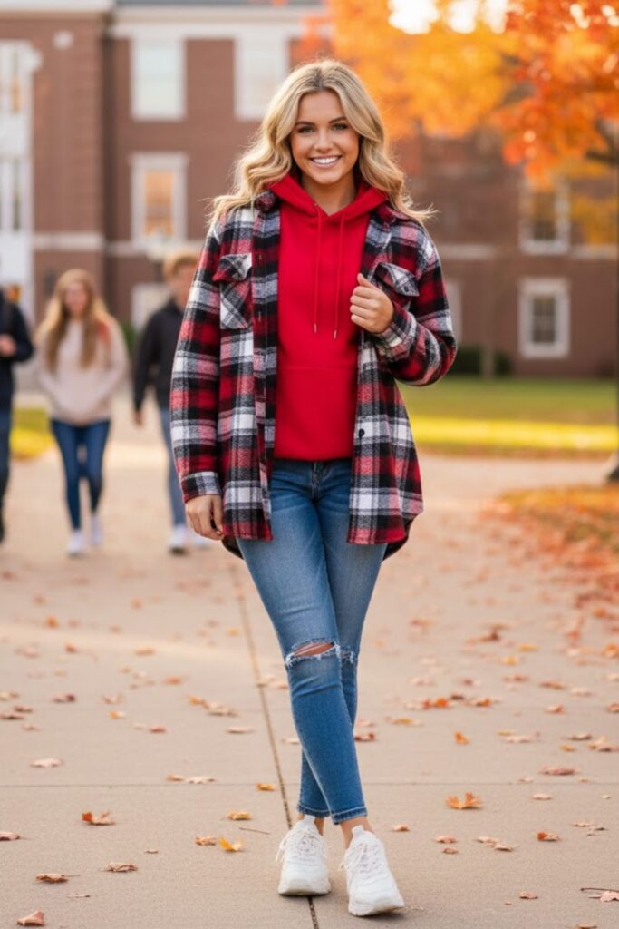 15. Red Hoodie with Plaid Shirt and Jeans