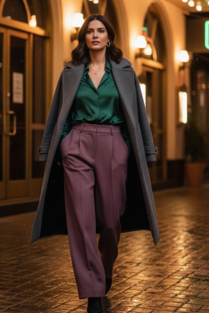 15. Satin Blouse with Wide-Leg Trousers