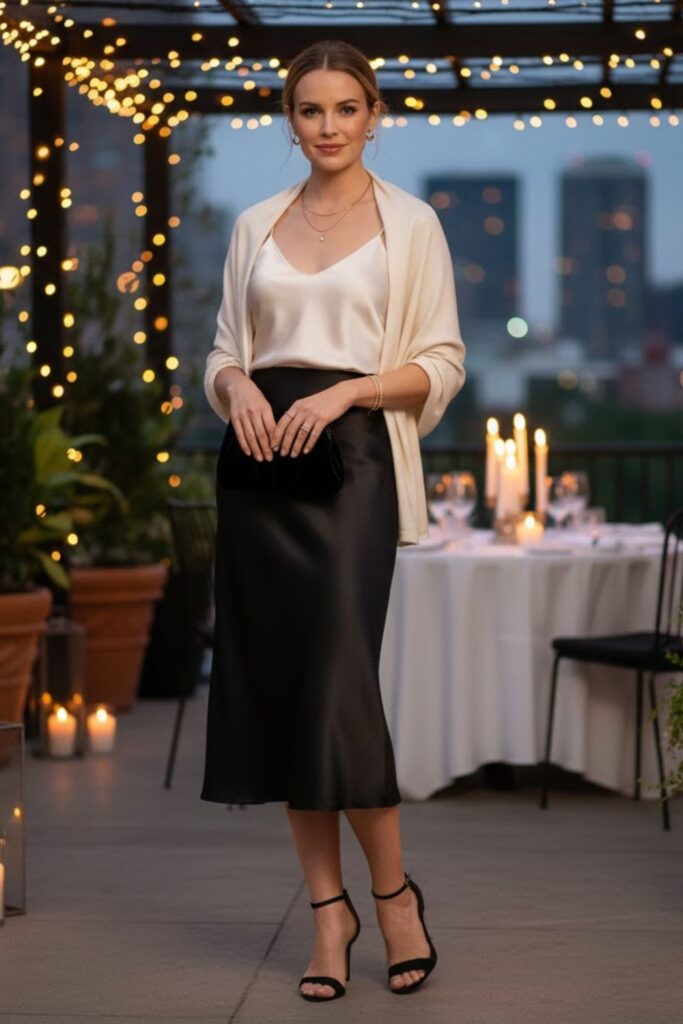 15. Satin Midi Skirt with Camisole and Heels