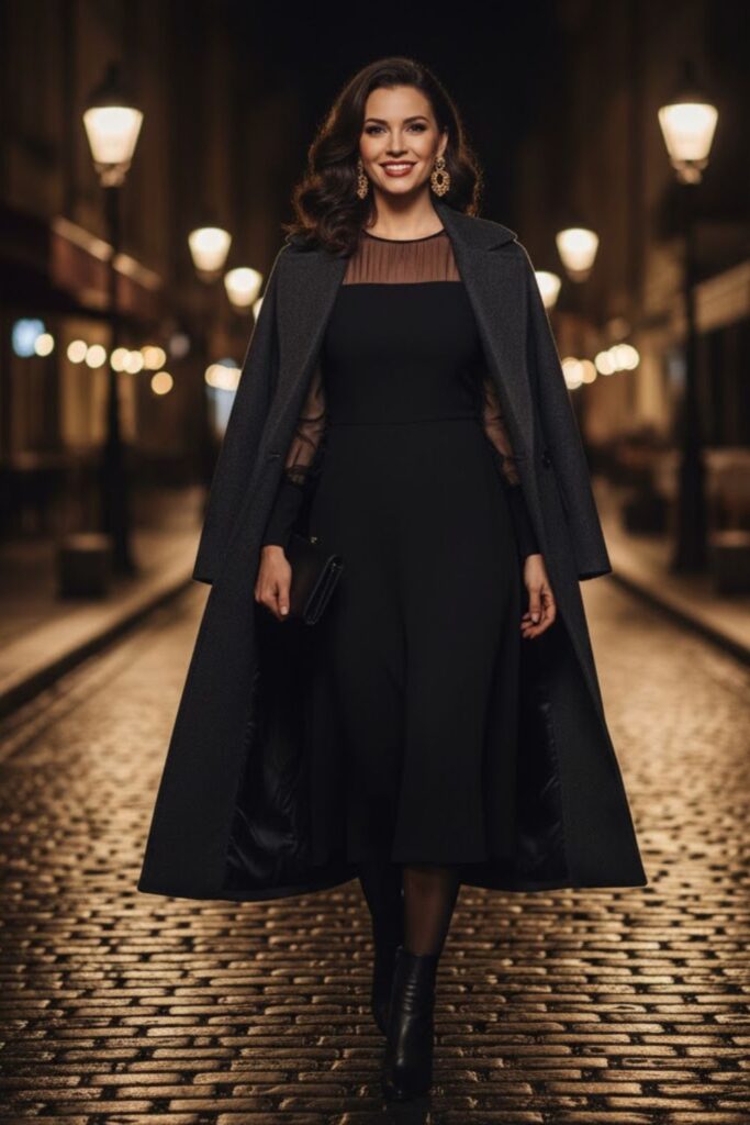 15. Sheer-Sleeve Black Dress with Statement Jewelry