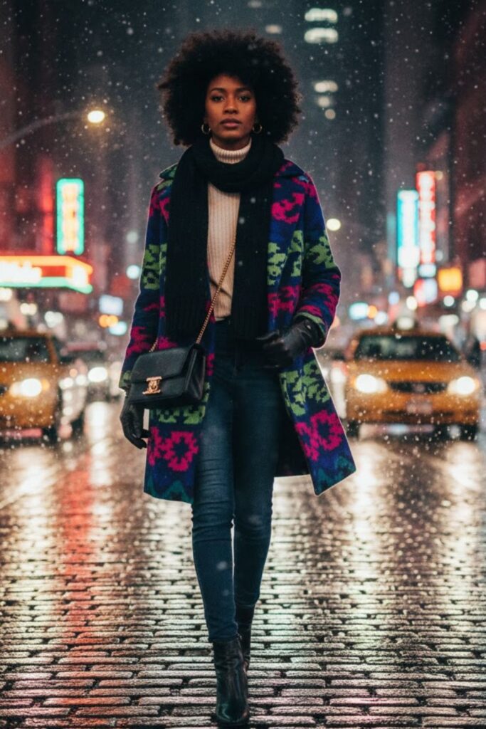 15. Statement Coat with Jeans and Sweater