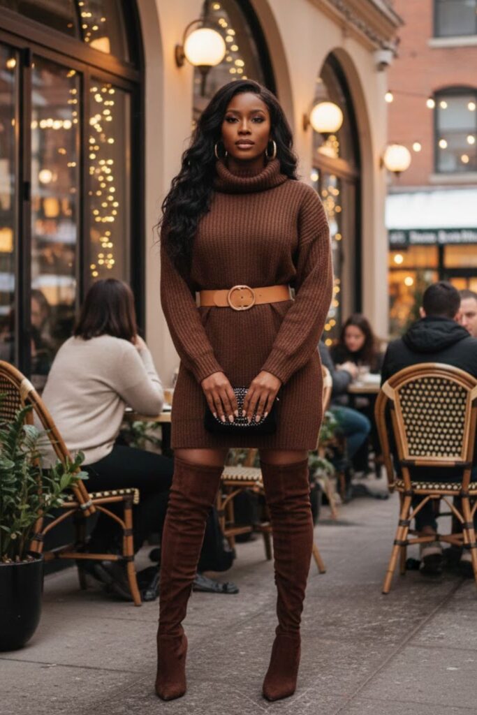 15. Sweater Dress with Belt and Thigh-High Boots