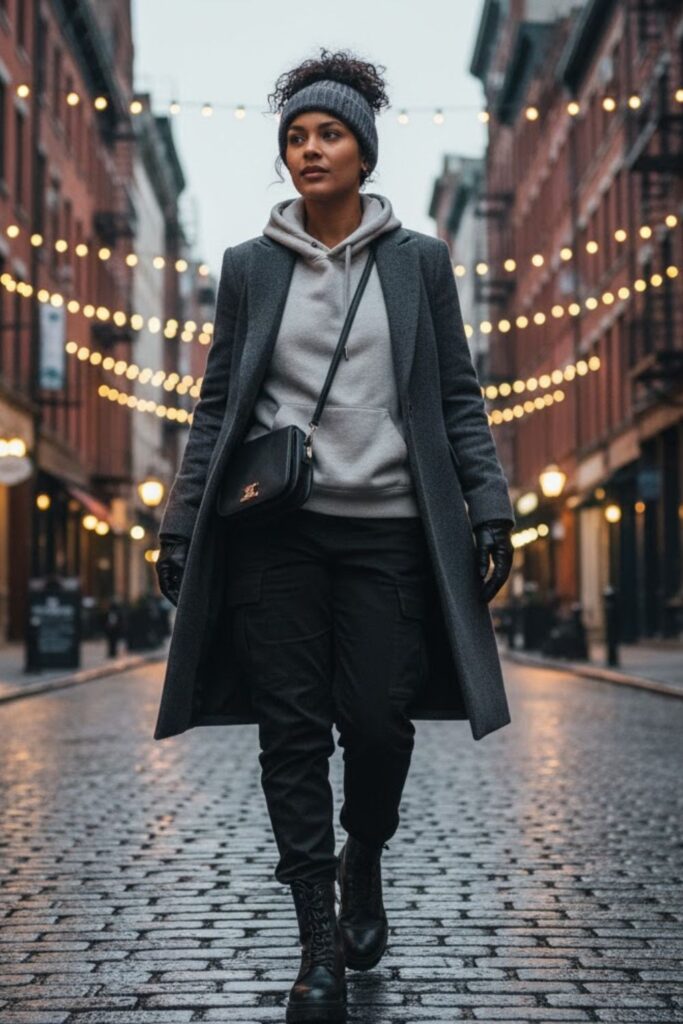 15. Tailored Coat Over Hoodie and Cargo Pants