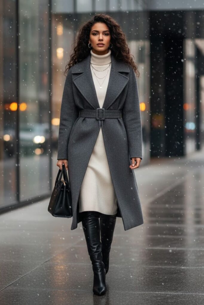 15. Turtleneck Dress and Belted Coat