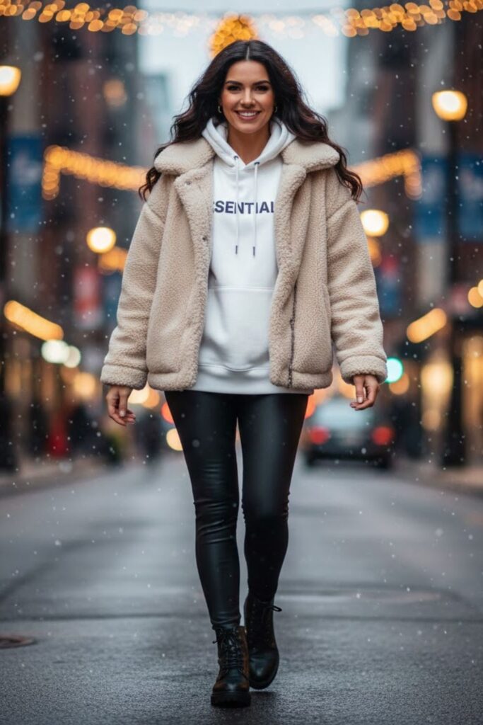15. White Hoodie with Faux Fur Jacket and Leggings