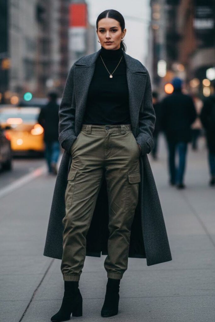 2. Army Green Pants with a Black Turtleneck