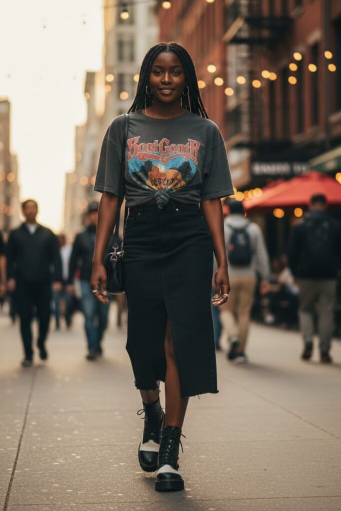 2. Black Denim Midi Skirt with a Graphic Tee