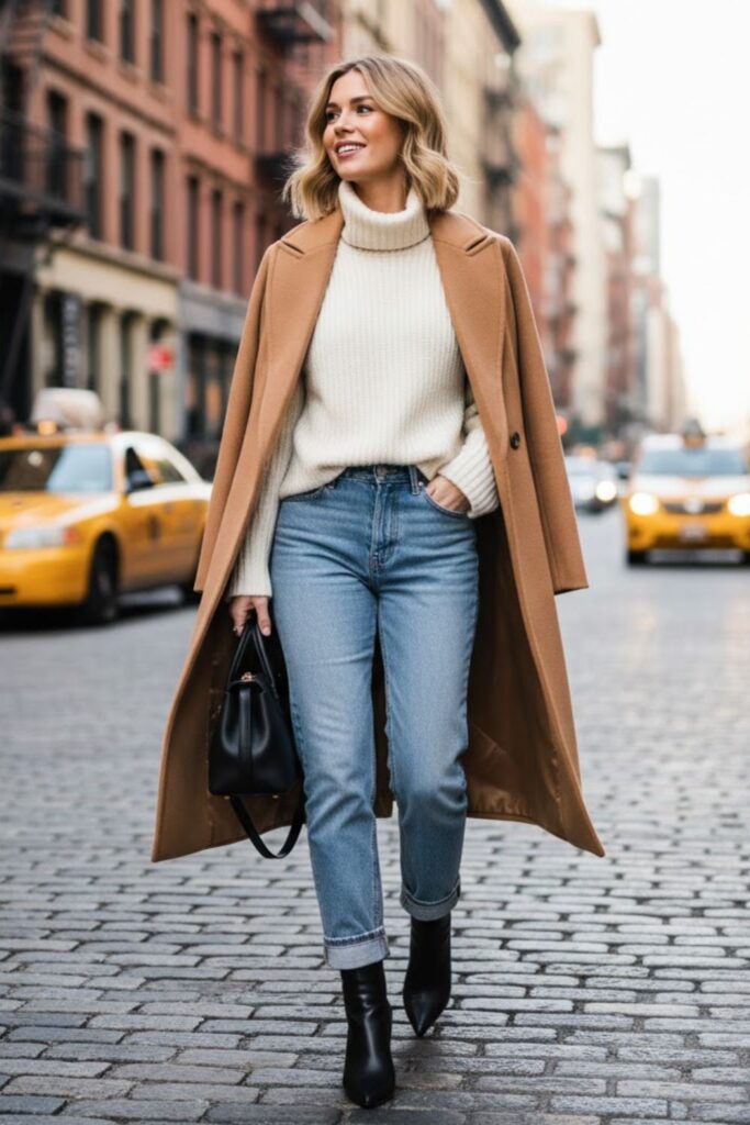 2. Camel Coat and Denim Combo