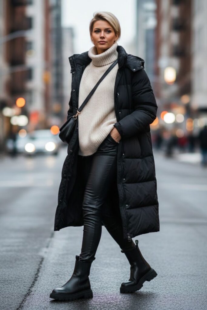 2. Chunky Chelsea Boots with Leather Leggings and Oversized Sweater