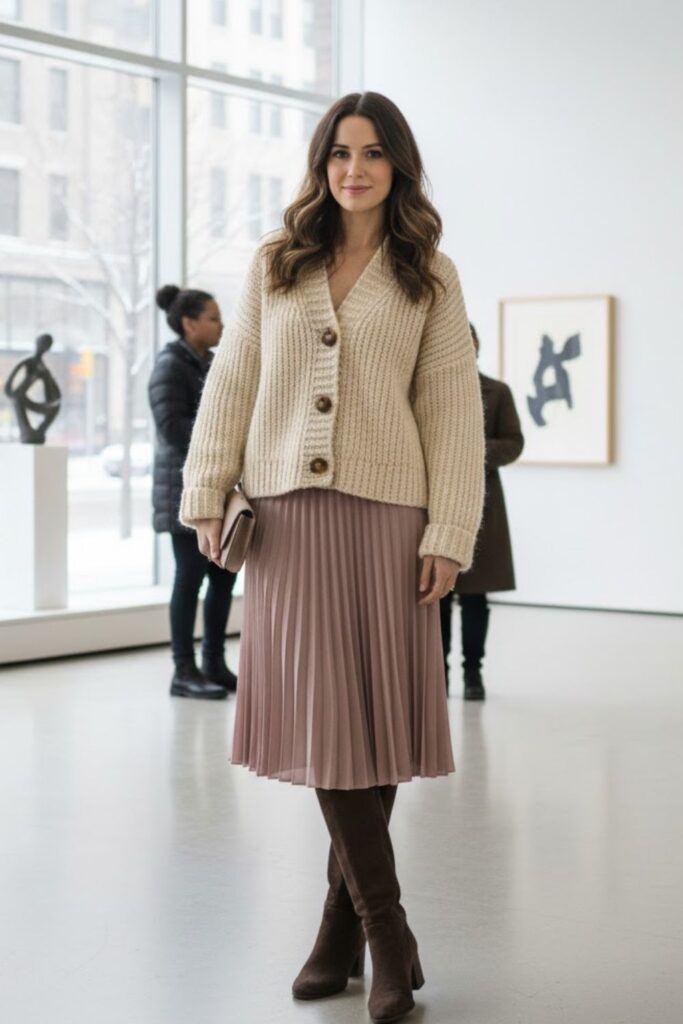 2. Chunky Knit Cardigan with Midi Skirt