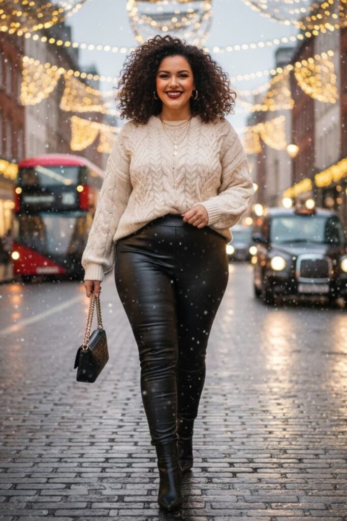 2. Chunky Knit Sweater with Leather Pants