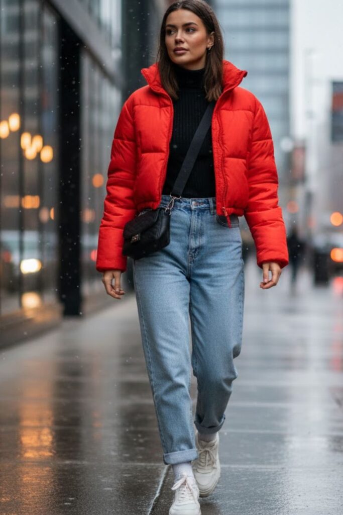 2. Cropped Puffer Jacket and Sneakers