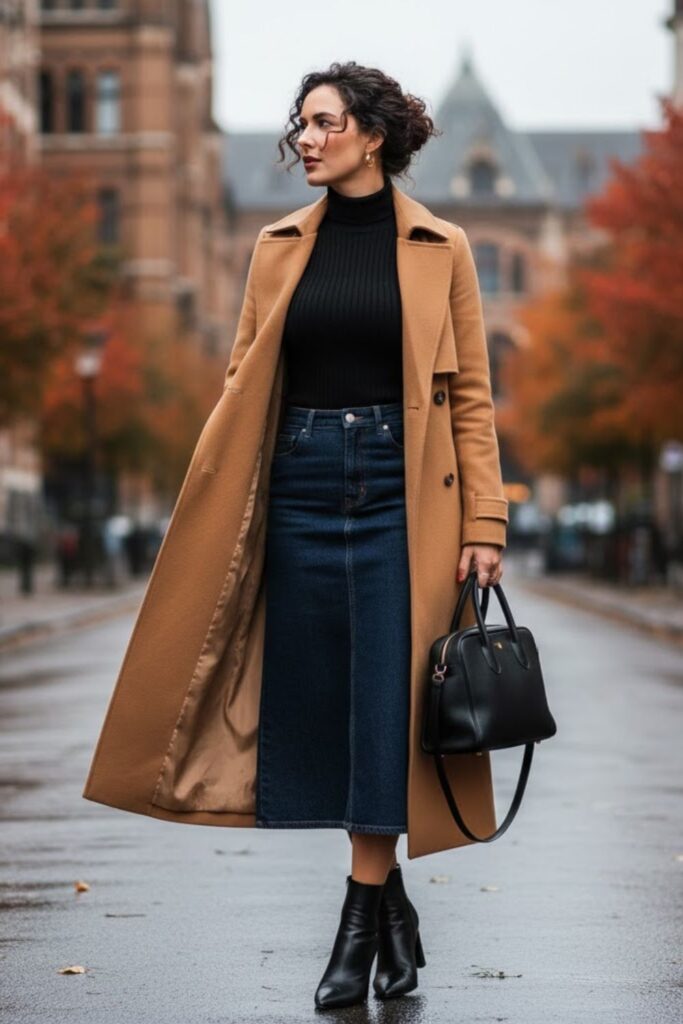 2. Denim Midi Skirt with a Turtleneck and Long Coat