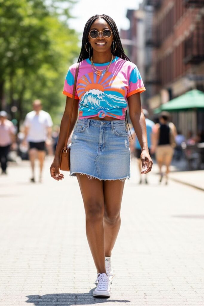 2. Denim Mini Skirt with Graphic Tee