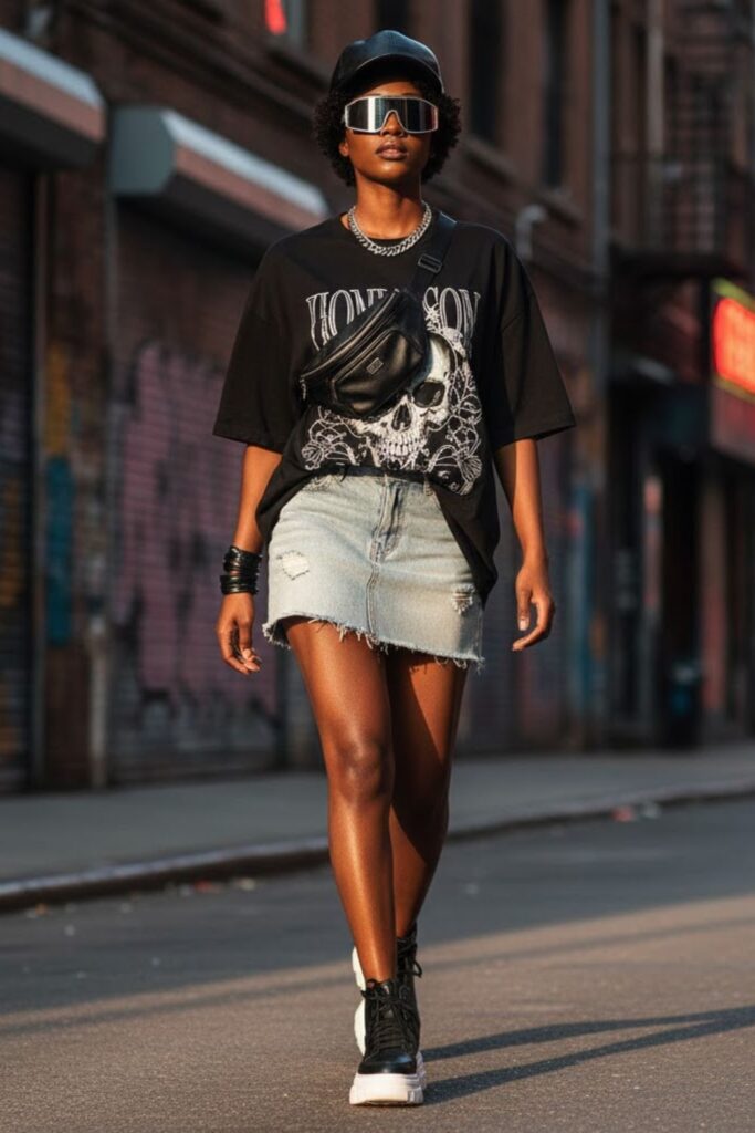 2. Denim Mini Skirt with Oversized Graphic Tee
