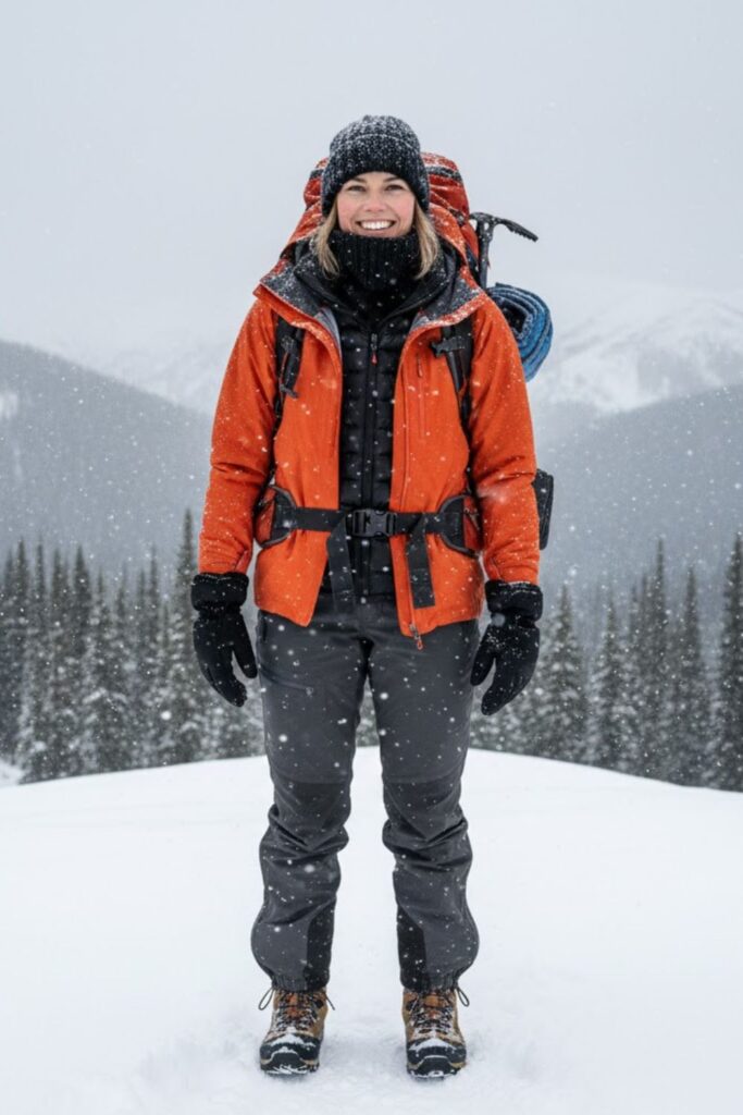 2. Down Jacket with Waterproof Shell and Wool Leggings