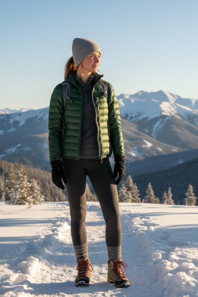 2. Down Jacket with Wool Leggings and Hiking Boots