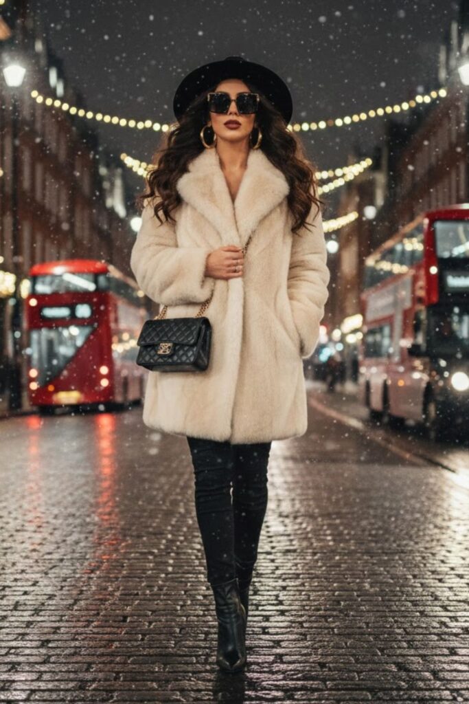 2. Faux Fur Coat with Skinny Jeans and Heeled Boots