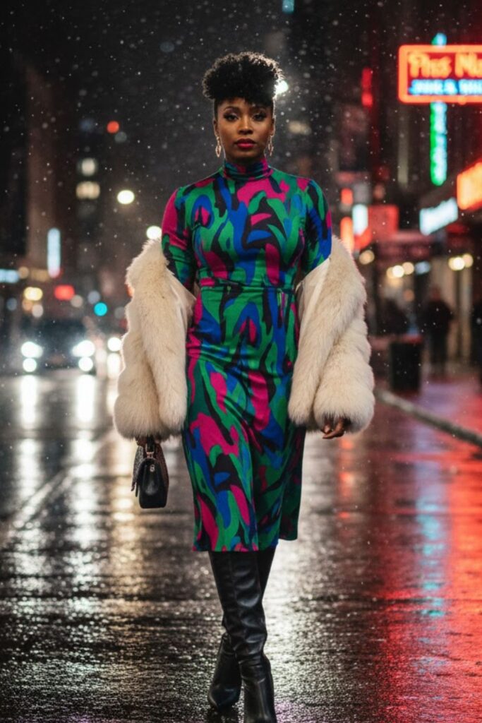 2. Faux Fur Jacket with Midi Dress