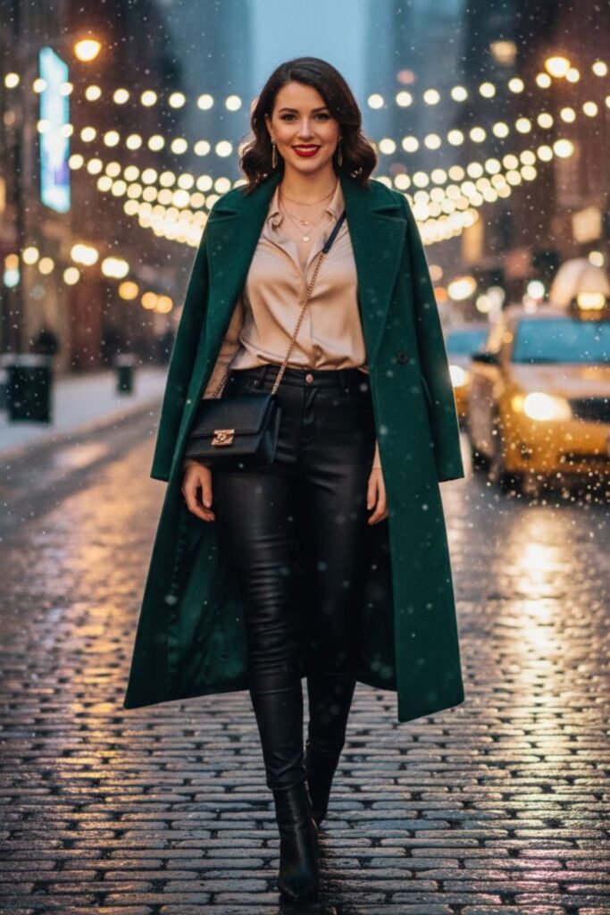 2. Faux Leather Pants and Silk Blouse