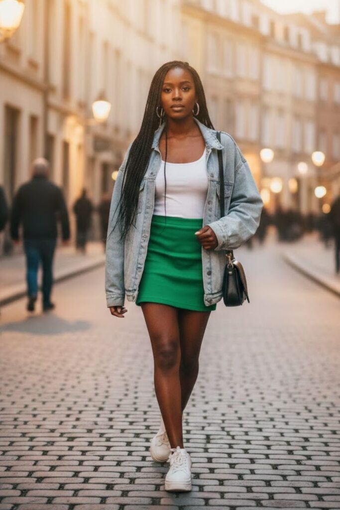 2. Green Mini Skirt with Oversized Denim Jacket