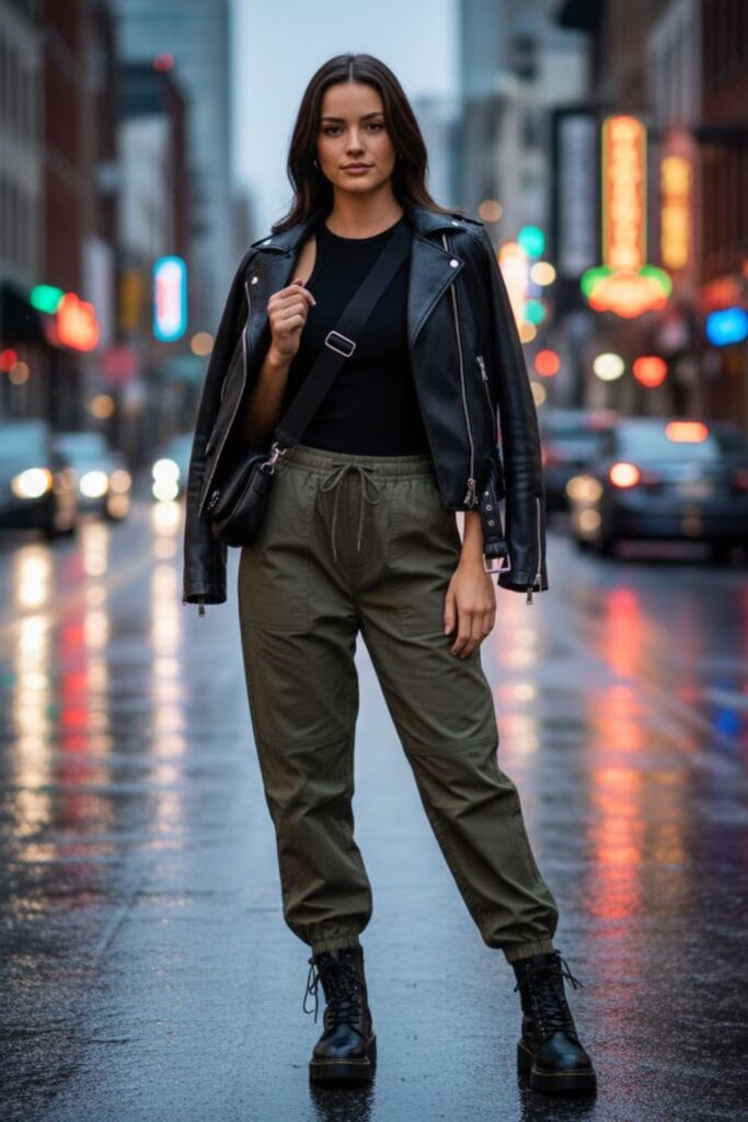 2. Green Parachute Pants with a Black Tank and Leather Jacket