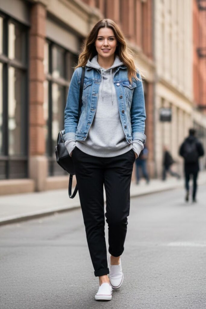 2. Grey Hoodie with Denim Jacket and Joggers