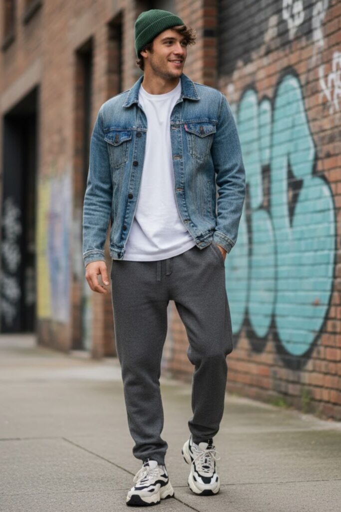 2. Grey Sweatpants with Denim Jacket and Beanie