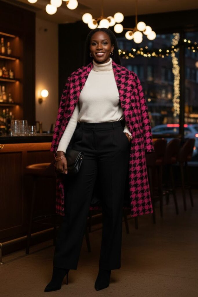 2. High-Waist Pants with Fitted Sweater and Statement Coat